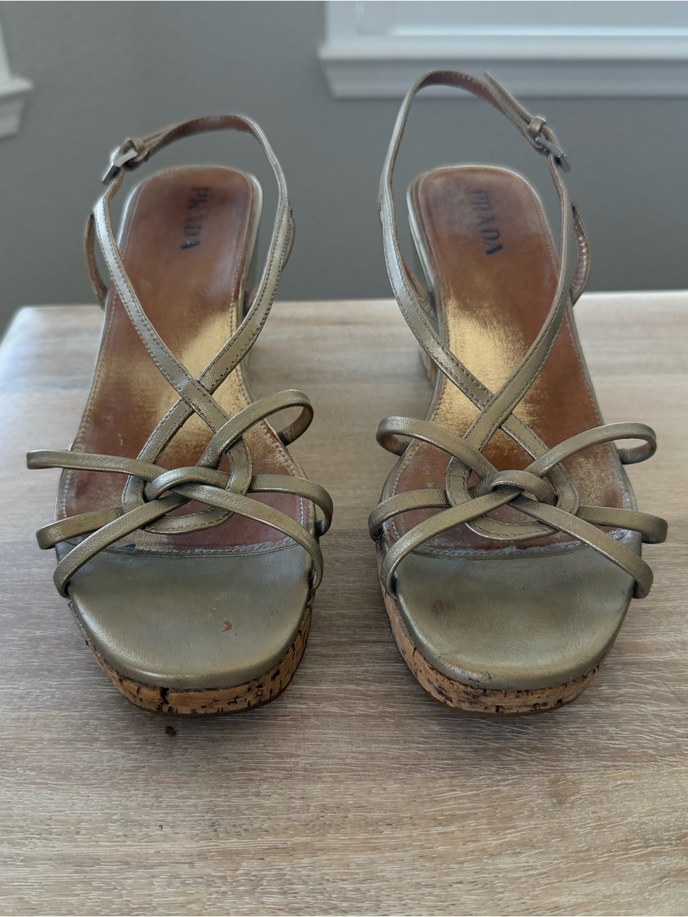 Prada Metallic Gold Cork Wedge Sandals Size 39.5